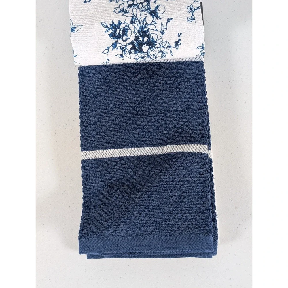 Lauren Ralph Lauren Kitchen Towels Set of 3 Blue Floral Stripe Indigo Cotton NWT